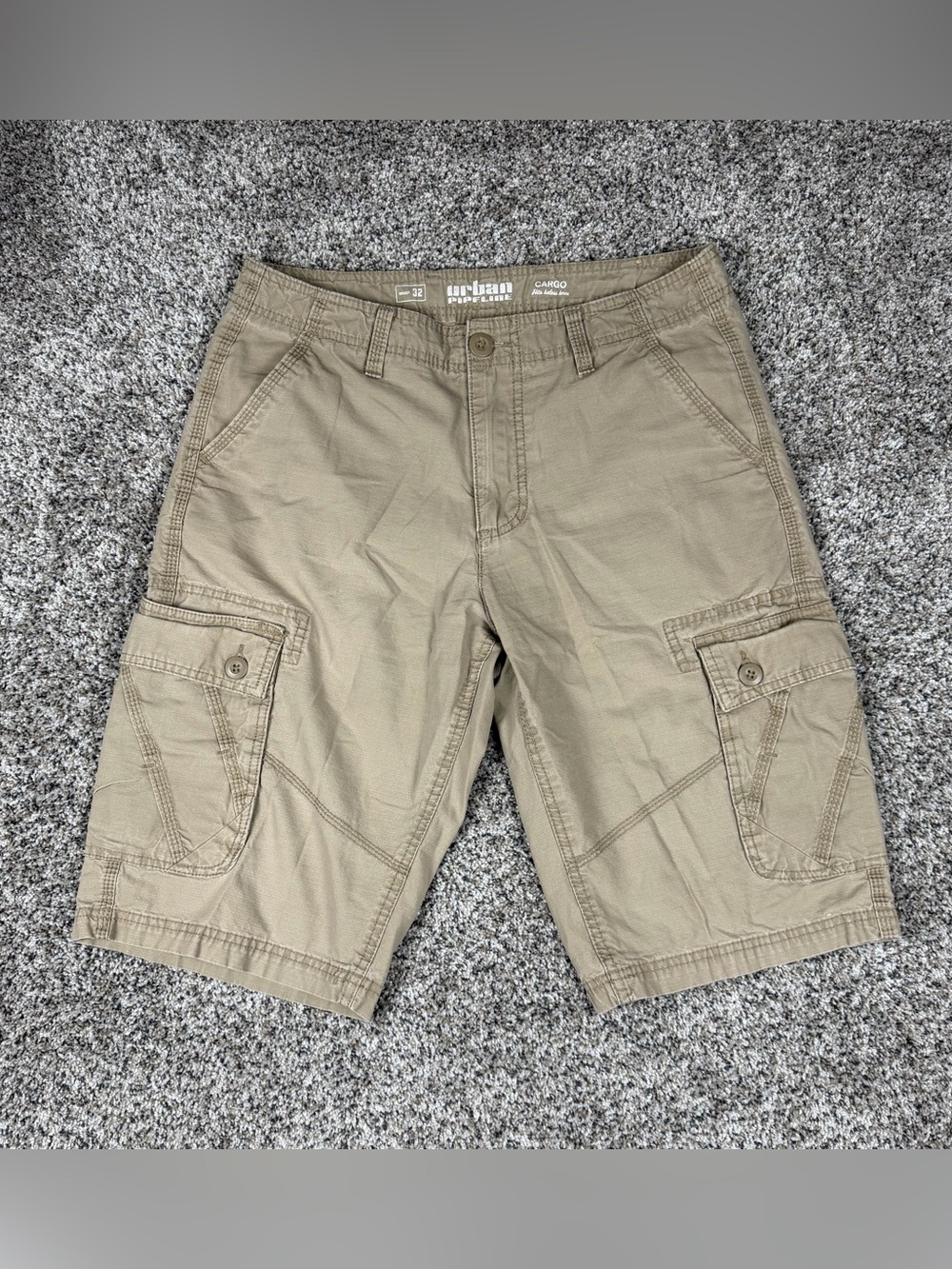 Sz 32 Men’s Urban Pipeline Cotton Utility Cargo Below Knee Shorts Khaki Tan